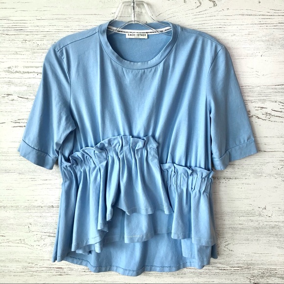 EACH X OTHER Baby Blue Asymmetrical Ruffle Tee - Picture 1 of 8